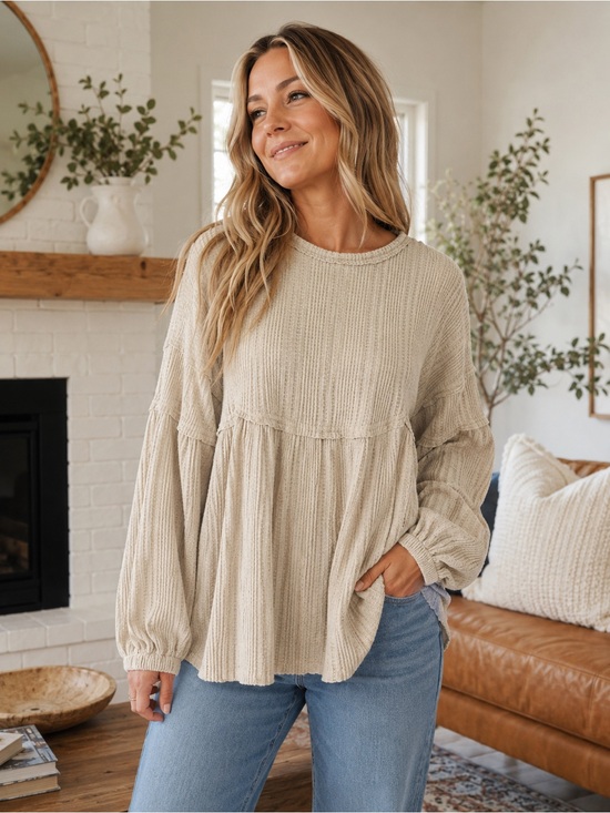 Altar'd State Tops - Altar'd State Cream Ribbed Peplum Long Sleeve Top